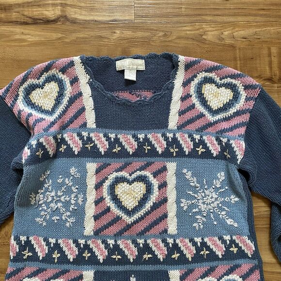 VINTAGE 90s Women M Blue Granny Core Heart Patchwork Heavy Knit Sweater Cottage - Picture 7 of 16